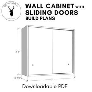 3D rendering of DIY storage cabinet with sliding doors reading build plans